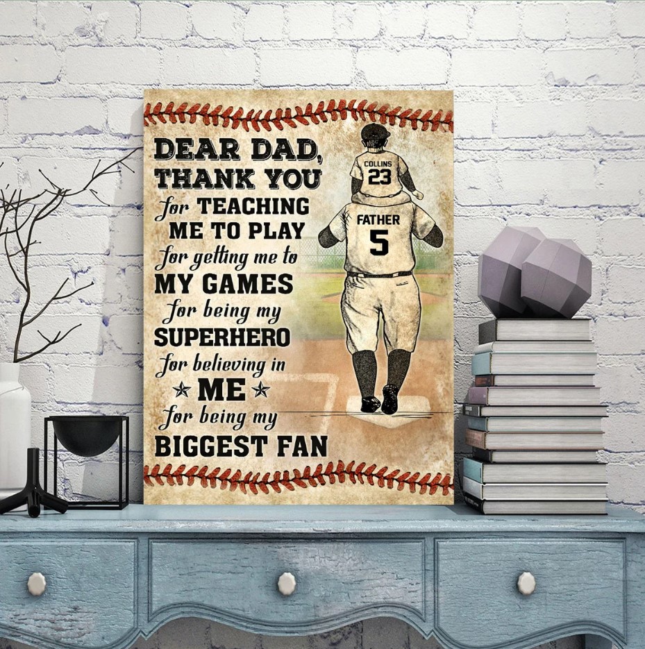 Personalized Dear Dad Baseball Canvas Wall Art Daddy And Kids Vintage Poster Fathers Day Gift Baseball Players Custom Name And Number